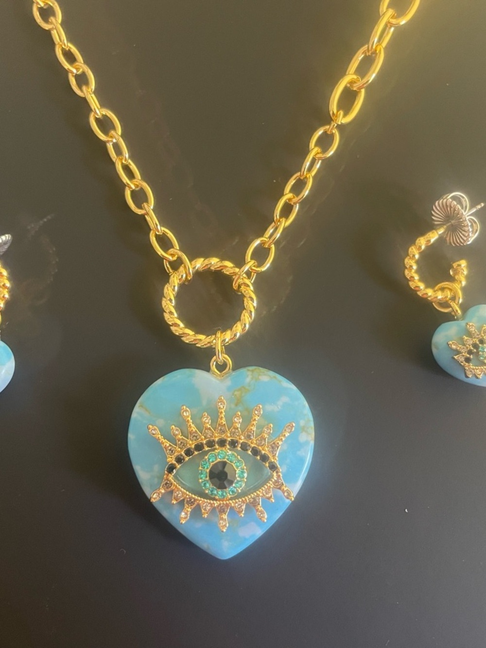 Kurt Geiger Gold-Tone Turquoise Heart Evil Eye Pendant Necklace and Earrings set